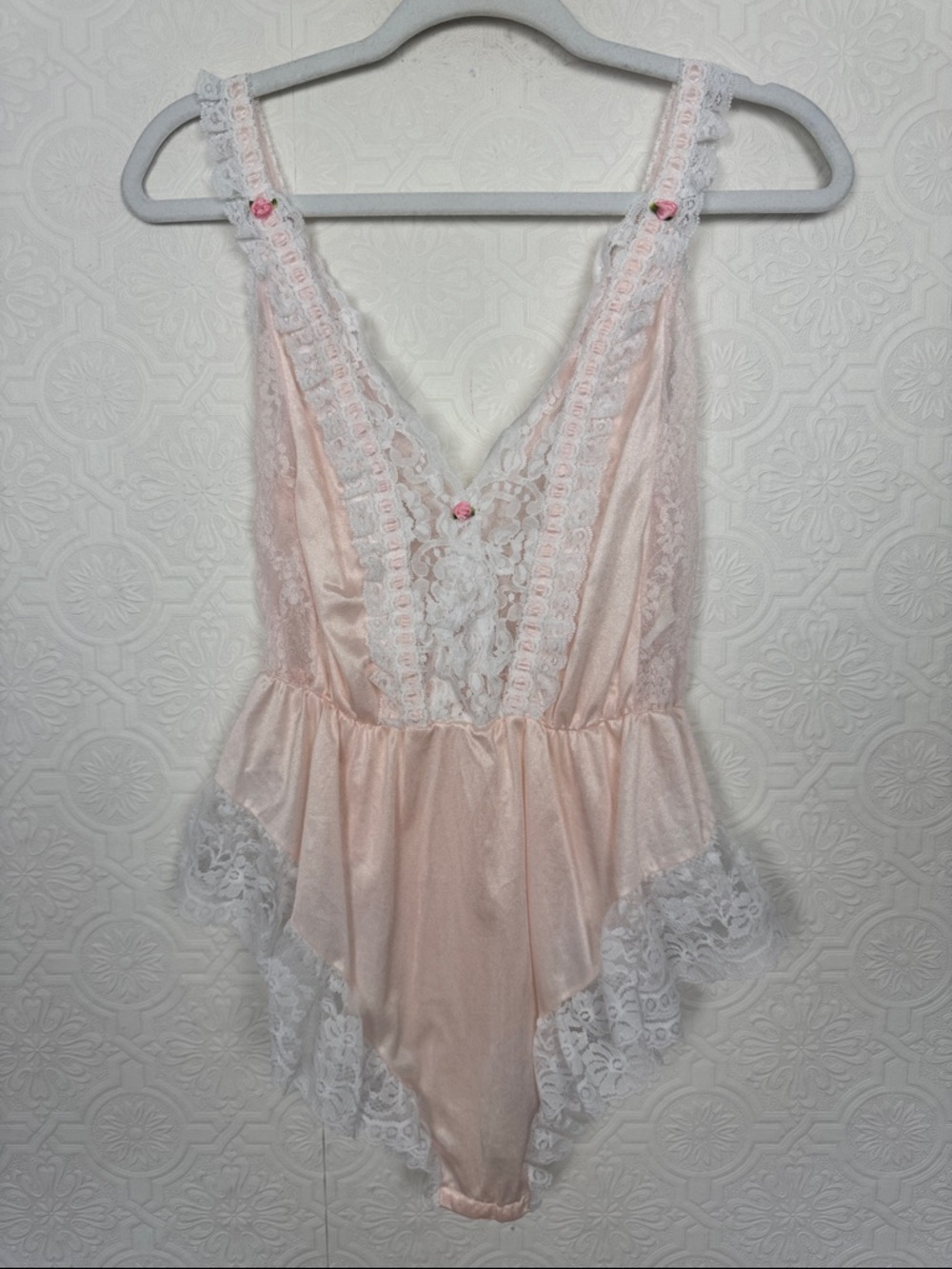 Vintage Pink Satin Lace Teddy Bodysuit Lingerie Romantic Cottagecore Pink Girlie